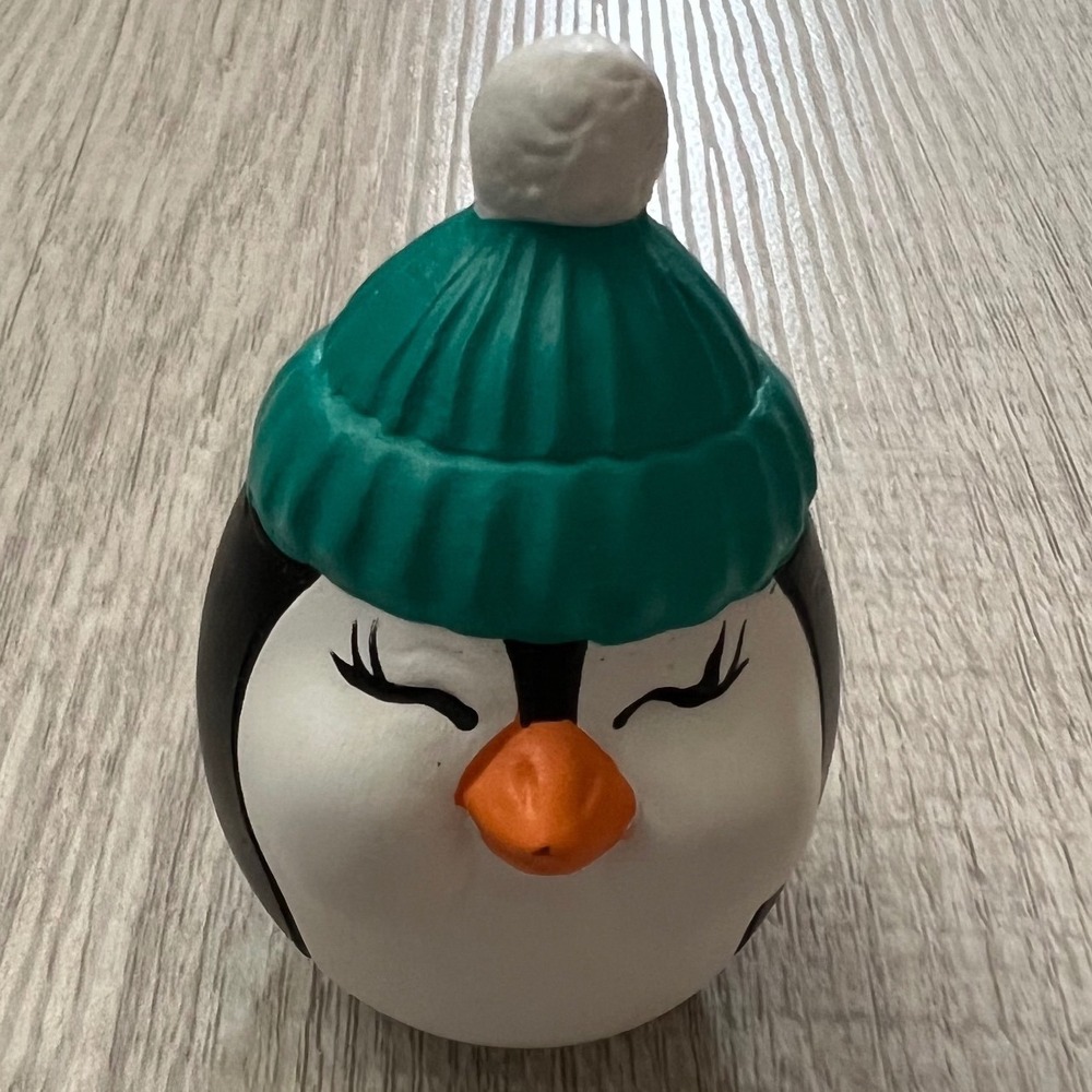 Winter Penguin Figurine Teal Knit Hat Pom-Pom Sleepy Eyes Holiday Decor Accent